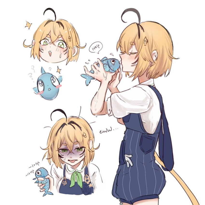 1girl ? ahoge animal animalization black_hair blonde_hair blush_stickers chinese_commentary commentary_request damage_numbers disgust dooby_(vtuber) english_text fish green_eyes green_ribbon hair_between_eyes happy_(yppah1060) highres holding holding_animal holding_fish indie_virtual_youtuber kiss kissing_animal multicolored_hair multiple_views neck_ribbon overall_shorts overalls ribbon senzawa short_hair simple_background sparkle speech_bubble tail tongue tongue_out turn_pale two-tone_hair virtual_youtuber white_background