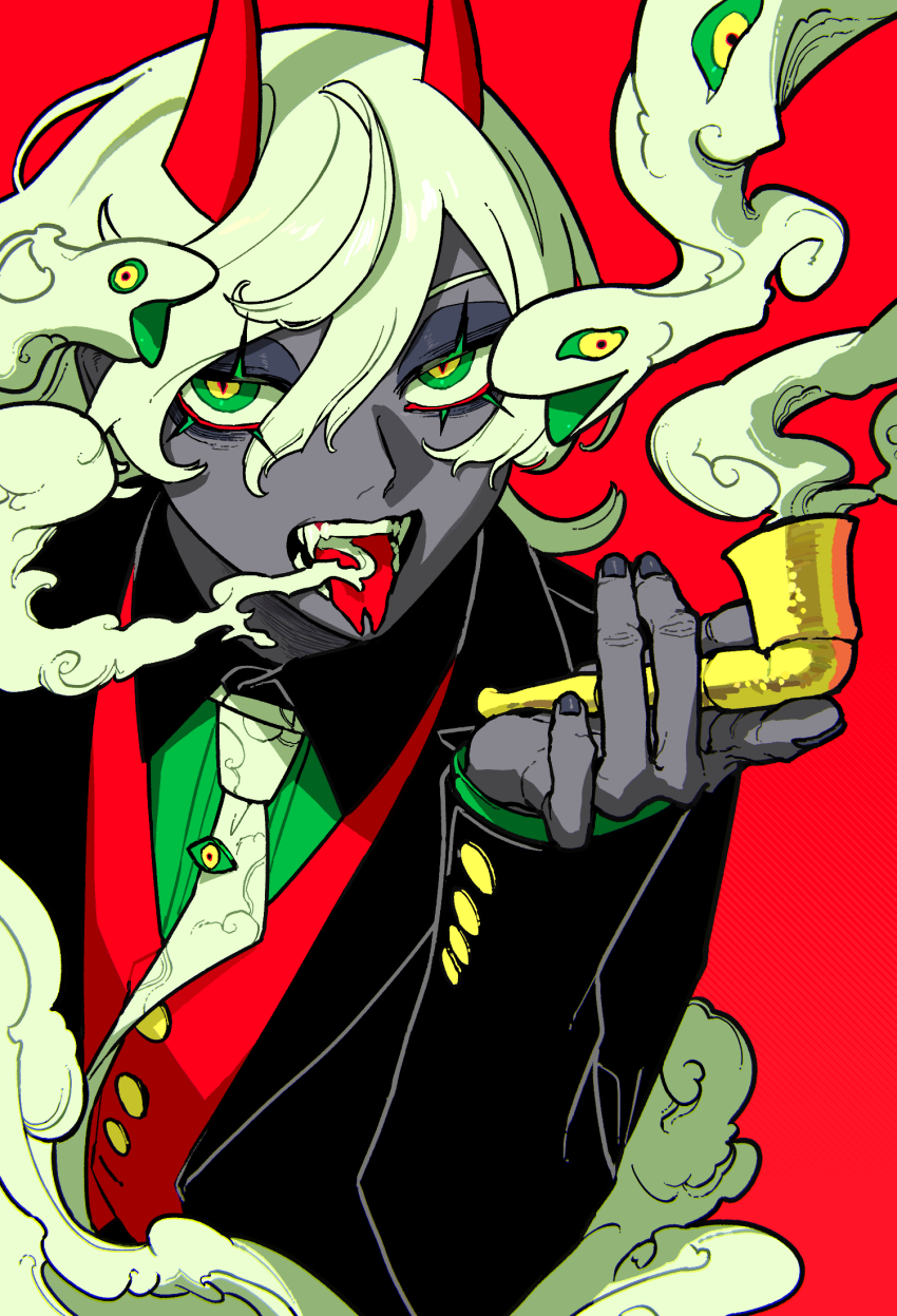 1boy black_jacket collared_shirt colored_eyelashes colored_skin demon_horns eyelashes fangs forked_tongue green_eyes green_hair green_necktie grey_skin hair_between_eyes highres holding holding_smoking_pipe horns jacket long_hair looking_at_viewer male_focus momomo_906 multicolored_eyes necktie open_mouth original red_background red_horns red_vest shirt simple_background slit_pupils smoke smoke_from_mouth smoke_trail smoking smoking_pipe snake solo tongue tongue_out vest yellow_eyes