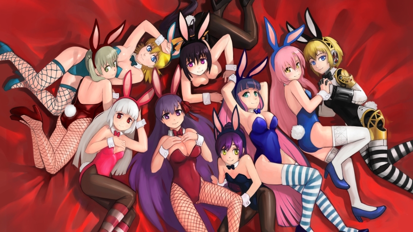 6+girls absurdres aigis_(persona) animal_ears ass bb_(fate) bb_(fate/extra) bed bed_sheet black_footwear black_hair black_legwear black_leotard blonde_hair blue_eyes blue_footwear bow bowtie breasts cleavage closed_mouth collage covered_navel crossover detached_collar fake_animal_ears fate/extra fate/extra_ccc fate_(series) female_focus fishnet_legwear fishnets green_eyes green_footwear green_legwear green_leotard hair_ribbon harem hayate_no_gotoku! hellsing high_heels high_school_dxd highres himejima_akeno irisu_kyouko irisu_shoukougun! katsura_hinagiku leotard long_hair looking_at_viewer maka_albarn multiple_girls paintrfiend panty_&amp;_stocking_with_garterbelt pantyhose persona persona_3 pink_hair pink_leotard playboy_bunny purple_eyes purple_hair rabbit_ears rabbit_girl rabbit_tail red_eyes red_footwear red_leotard ribbon seras_victoria short_hair sideboob silver_hair smile soul_eater stocking_(psg) striped_clothes striped_legwear striped_thighhighs tail thighhighs third-party_source tokyo_ravens tsuchimikado_natsume twintails white_legwear wrist_cuffs yellow_eyes