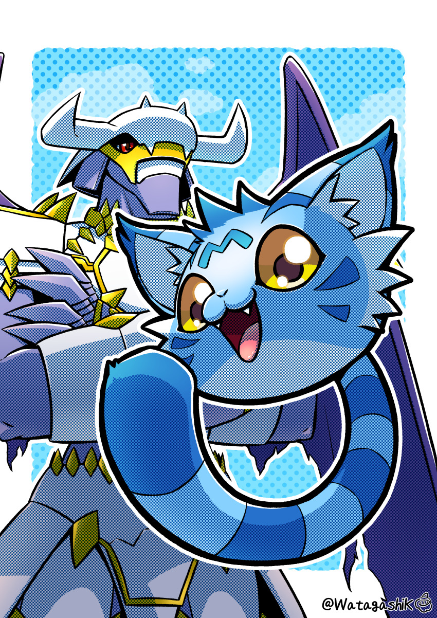 absurdres armor blue_background blue_fur body_fur crossed_arms digimon digimon_(creature) dynasmon halftone highres hiragana_digimon_royal_knights_monogatari red_eyes simple_background twitter_username wanyamon watagashikn white_armor yellow_eyes