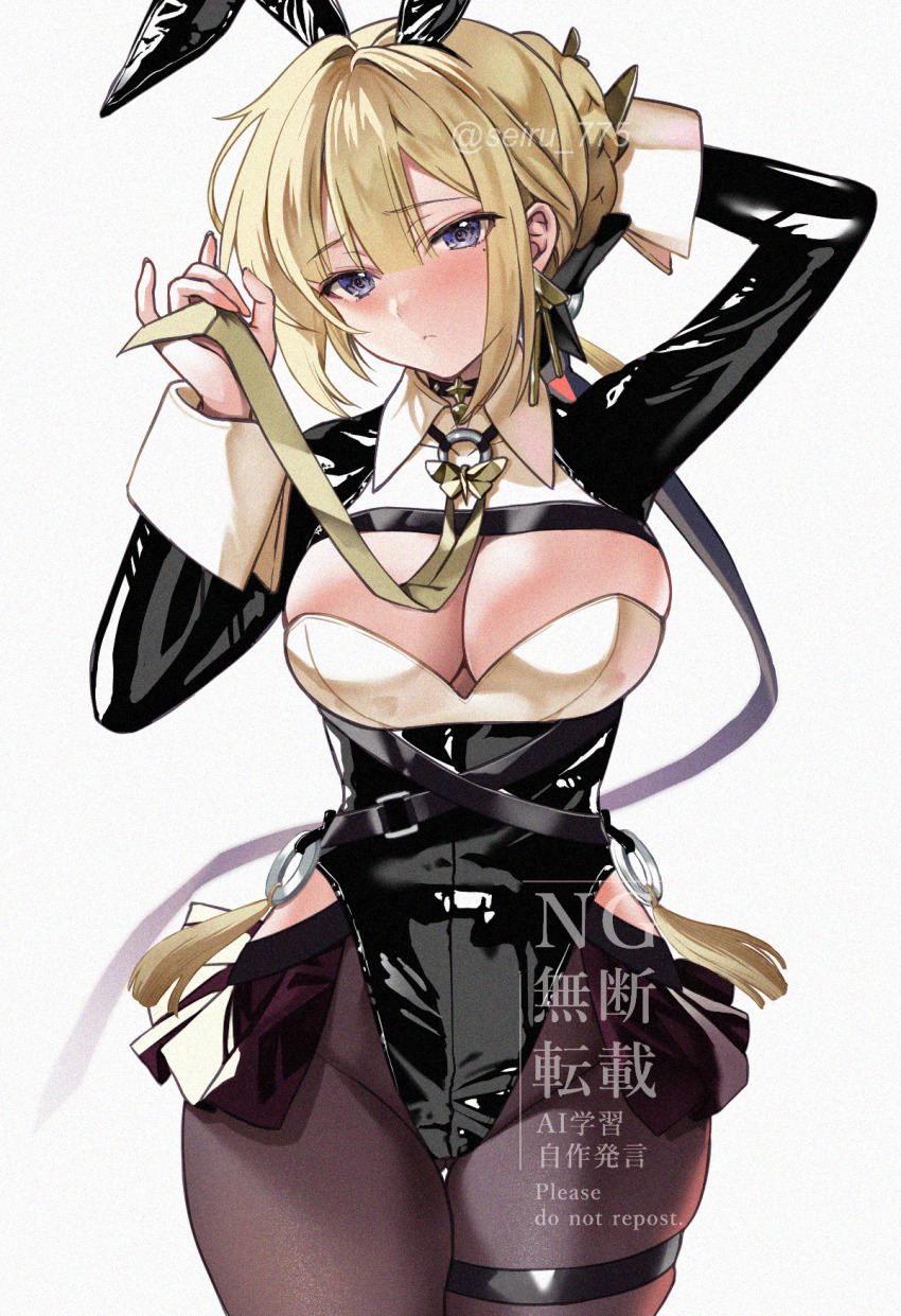 1girl blonde_hair blush breasts cleavage earrings evelyn_chevalier hair_ornament highres jewelry large_breasts long_sleeves looking_at_viewer medium_hair playboy_bunny purple_eyes seiru_(prairie) solo thighs zenless_zone_zero