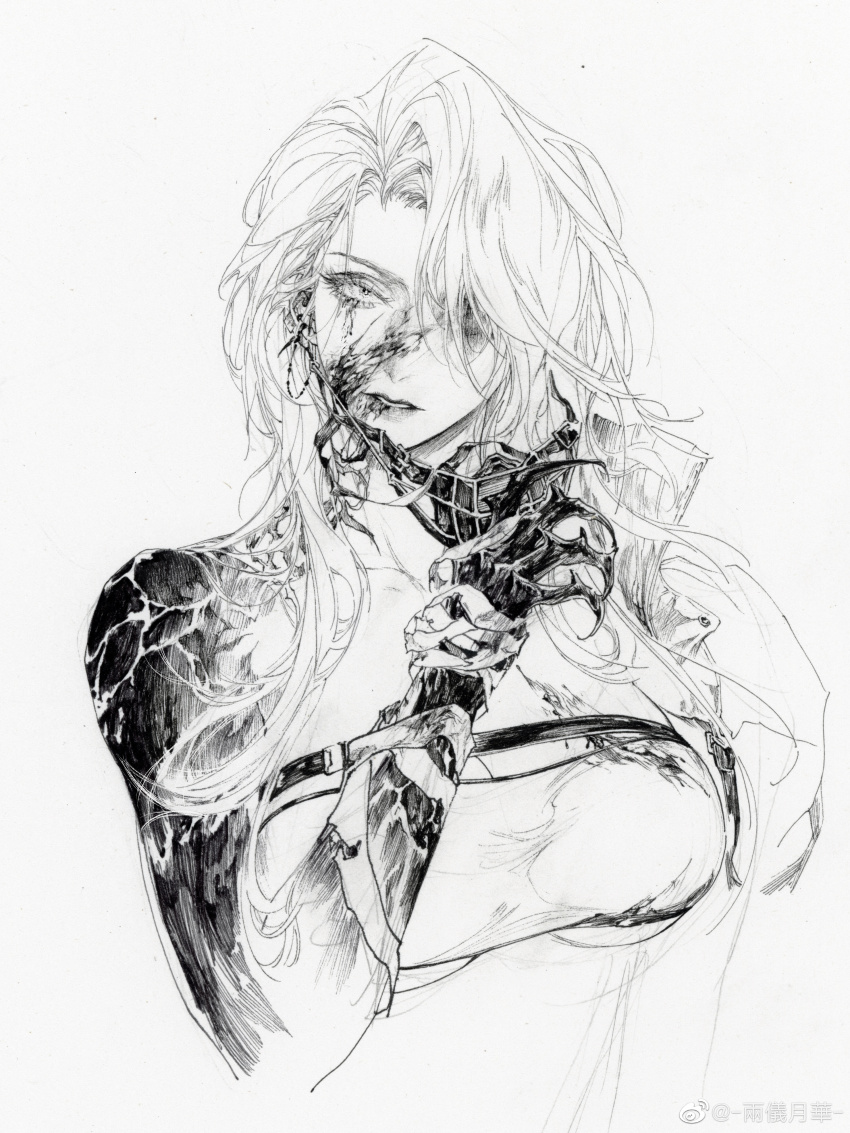 1girl absurdres bandaged_arm bandages blood blood_from_mouth blood_on_face body_horror bra breasts burn_scar chest_belt cropped_torso expressionless eyelashes hair_over_one_eye highres holding injury large_breasts liangyi_yuehua lipstick long_hair makeup nib_pen_(medium) original parted_lips pen_(medium) scar scar_across_eye scar_on_face solo strapless strapless_bra traditional_media underwear watermark weibo_watermark