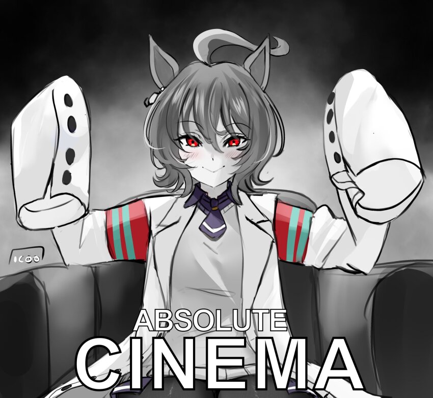 1girl absolute_cinema_(meme) agnes_tachyon_(umamusume) ahoge animal_ears coat hands_up highres horse_ears horse_girl huge_ahoge icoo lab_coat meme red_eyes sleeves_past_fingers sleeves_past_wrists solo umamusume white_coat