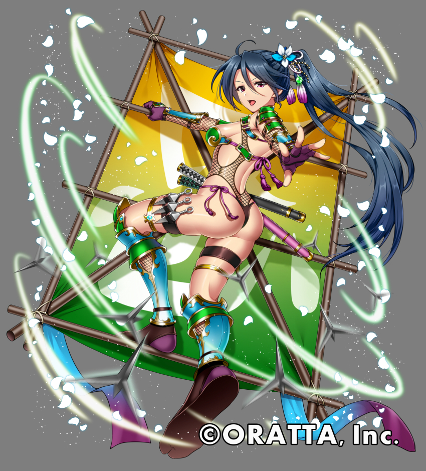 1girl ahoge armor ass bad_id bad_pixiv_id bikini_armor bodystocking breasts character_request chino_ukana chloris_garden female_focus fishnet_bodystocking fishnet_gloves fishnets gloves hair_between_eyes highres katana kite long_hair ninja official_art original outstretched_arm ponytail purple_eyes shinai sideboob solo sword very_long_hair weapon