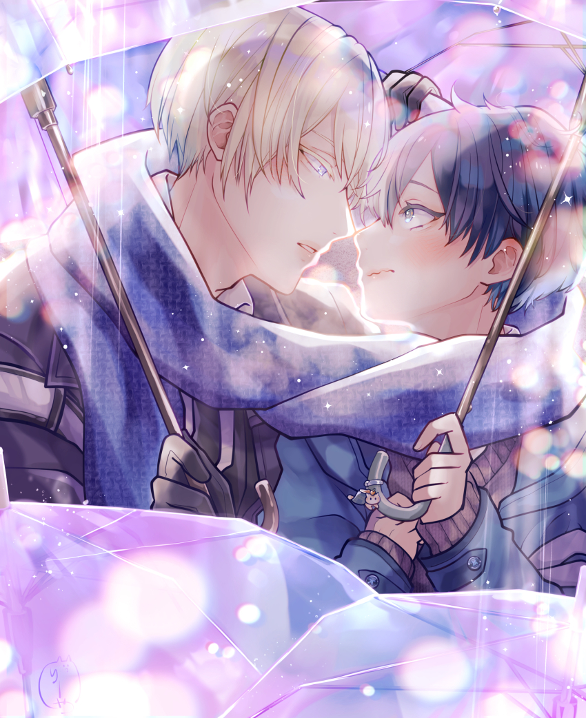 2boys absurdres bag_charm black_coat black_gloves black_hair blonde_hair blue_coat blue_eyes blue_scarf blush brown_sweater charm_(object) coat eye_contact gloves highres holding holding_umbrella looking_at_another male_focus multiple_boys nekominaminoriya original outdoors rain scarf shared_clothes shared_scarf short_hair sweater transparent transparent_umbrella umbrella unmoving_pattern wavy_mouth yaoi