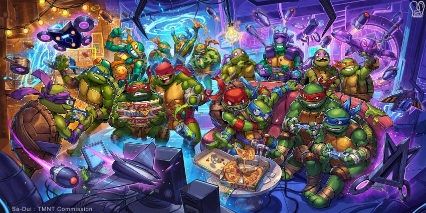 6+boys can colored_skin commentary computer controller couch donatello_(tmnt) drink_can drone food game_controller glasses green_skin highres in-franchise_crossover kunai laptop leonardo_(tmnt) mask michelangelo_(tmnt) multiple_boys multiple_persona pizza pizza_box pizza_slice raphael_(tmnt) rise_of_the_teenage_mutant_ninja_turtles rocket sa-dui sai_(weapon) shuriken sitting soda_can teenage_mutant_ninja_turtles teenage_mutant_ninja_turtles:_mutant_mayhem teenage_mutant_ninja_turtles_(2012) turtle_boy turtle_shell weapon