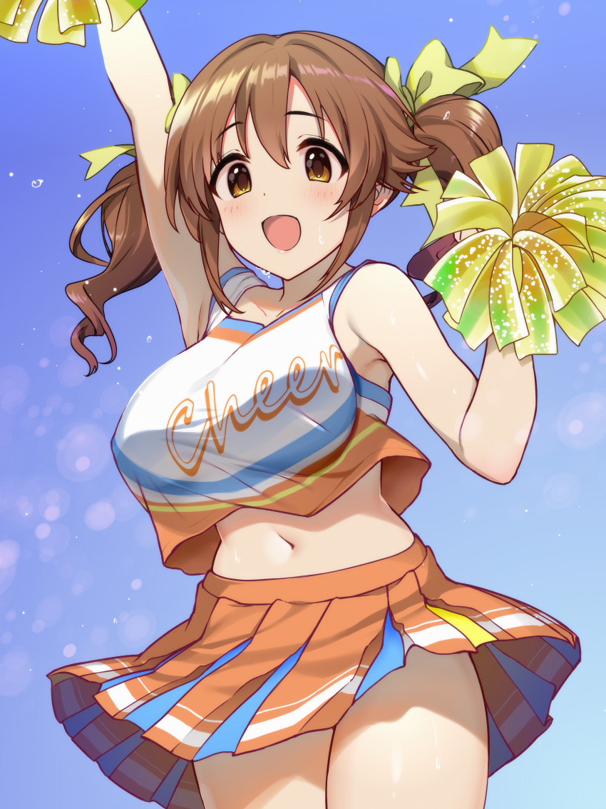 1girl absurdres arm_up armpit_peek bare_shoulders blue_sky blush breasts brown_eyes brown_hair cheerleader clothes_writing commentary_request cowboy_shot crop_top cropped_shirt hair_between_eyes highres holding holding_pom_poms idolmaster idolmaster_cinderella_girls large_breasts light_blush looking_ahead natsuya_(natuya777) open_mouth orange_skirt pleated_skirt pom_pom_(cheerleading) pom_poms shirt skirt sky sleeveless sleeveless_shirt smile solo sweat sweatdrop thighs totoki_airi twintails white_shirt