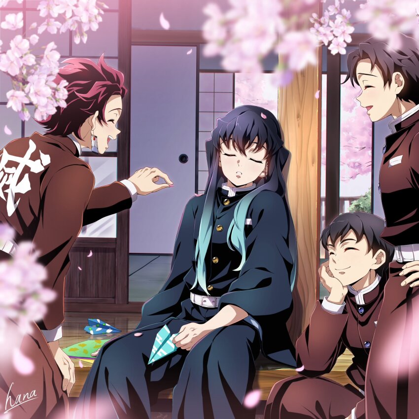 4boys :d ^_^ aqua_hair architecture artist_name belt belt_buckle black_hair black_jacket black_pants blurry blurry_foreground branch brown_jacket brown_pants buckle buttons character_request cherry_blossoms closed_eyes closed_mouth commentary_request earrings east_asian_architecture elbow_rest falling_petals gradient_hair hair_between_eyes hakama hakama_pants hana_ni_nare hanafuda_earrings hand_on_own_hip head_rest highres jacket japanese_clothes jewelry kamado_tanjirou kimetsu_no_yaiba long_hair long_sleeves male_focus multicolored_hair multiple_boys open_mouth pants paper paper_airplane parted_bangs parted_lips petal_on_head petals red_hair short_hair shouji signature sitting sleeping sleeping_upright sliding_doors smile squatting standing tatami teeth tokitou_muichirou upper_teeth_only veranda white_belt wide_sleeves