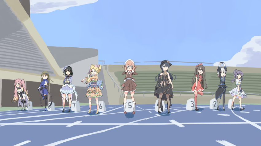 6+girls :d :p absurdres akisato_minaho anyoji_hime aqua_sash arms_up asymmetrical_gloves asymmetrical_legwear asymmetrical_sleeves awoke_(love_live!) back_bow bare_shoulders beret bike_shorts black_bodystocking black_dress black_gloves black_hair black_hairband black_overskirt black_pantyhose black_sash black_shoes black_thighhighs blonde_hair blue_boots blue_bow blue_eyes blue_gloves blue_hair blue_jacket blue_kimono blue_pantyhose blue_skirt blue_sky bodystocking boots bow bow-shaped_hair braid brown_hair brown_jacket brown_shoes brown_skirt buttons center-flap_bangs closed_mouth collared_dress collared_shirt commentary cropped_jacket curtained_hair diamond_hair_ornament do!_do!_do!_(love_live!) double-breasted dress dress_shirt earrings elbow_gloves english_commentary fanfare!!!_(love_live!) flower flower_hairband fortune_movie_(love_live!) frilled_sleeves frills frown fujishima_megumi full_body genyo_yako gloves green_eyes grey_hair hair_bow hair_ornament hairband hands_on_own_cheeks hands_on_own_face hat highres hinoshita_kaho identity_(love_live!) jacket japanese_clothes jewelry kachimachi_kosuzu kimono kimono_skirt ladybug/beauty_(love_live!) leaning_forward leg_up link!_like!_love_live! long_hair long_sleeves love_live! miniskirt mismatched_gloves mismatched_legwear momose_ginko multicolored_dress multiple_girls murano_sayaka neck_ribbon official_alternate_costume official_alternate_hairstyle on_your_mark_(love_live!) open_mouth orange_hair orange_kimono osawa_rurino otomune_kozue outdoors pantyhose parted_bangs parted_lips pink_bow pink_dress pink_eyes pink_hair pink_sash pleated_skirt purple_dress red_bow red_dress red_eyes red_ribbon red_thighhighs ribbon rose running_track sash shirt shoes short_hair short_sleeves shorts shorts_under_skirt side_ahoge side_braids single_elbow_glove single_glove single_leg_pantyhose single_thighhigh skirt sky sleeveless sleeveless_bodystocking sleeveless_dress smile socks sparkly_spot_(love_live!) split_mouth standing standing_on_one_leg starting_block stretching striped_ribbon thighhighs three-quarter_sleeves tongue tongue_out triangle_hair_ornament tsukuyomi_kurage twintails two-tone_sash two_side_up uneven_sleeves v-shaped_eyebrows vertical-striped_sash very_long_hair virtual_youtuber wavy_hair white_flower white_gloves white_hat white_rose white_shirt white_shoes white_socks yellow_boots yugiri_tsuzuri