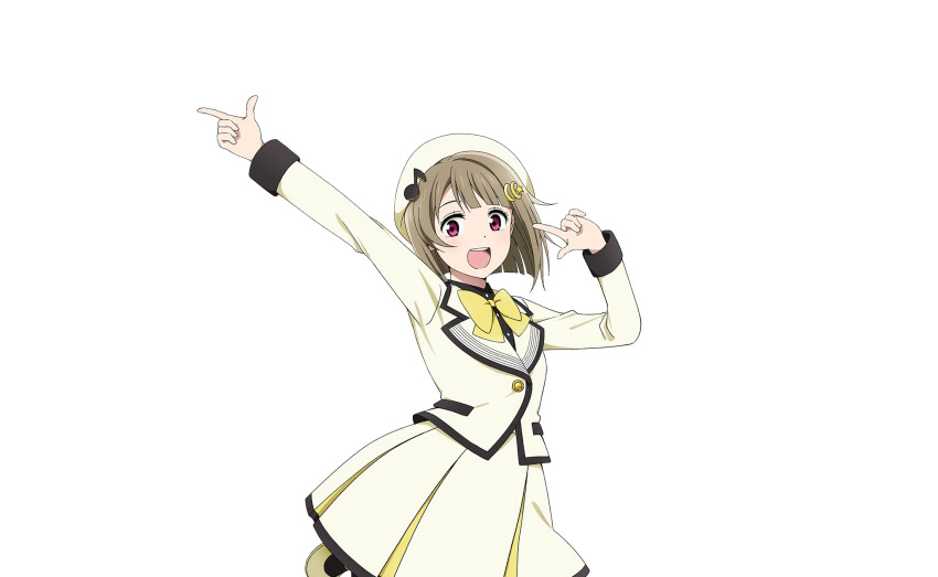 1girl arm_up asymmetrical_hair black_socks blunt_bangs blush bob_cut bow bowtie brown_hair cowboy_shot crescent crescent_hair_ornament double_finger_gun finger_gun fortissimo future_parade_(love_live!) hair_bun hair_ornament hat highres jacket long_sleeves looking_at_viewer love_live! love_live!_nijigasaki_high_school_idol_club love_live!_school_idol_festival_2 musical_note musical_note_hair_ornament nakasu_kasumi official_art open_mouth red_eyes shoes short_hair skirt smile socks solo standing standing_on_one_leg teeth transparent_background upper_teeth_only white_hat white_jacket white_shoes white_skirt yellow_bow yellow_bowtie
