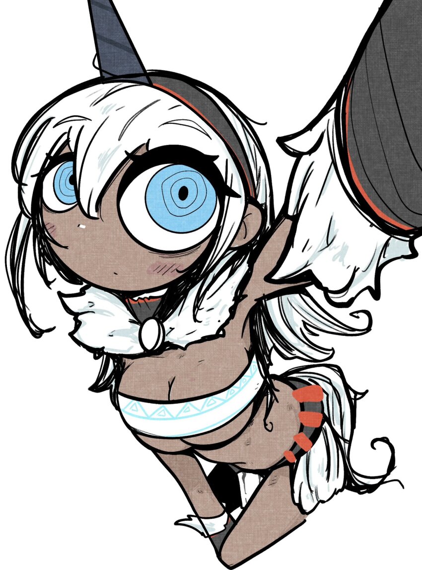1girl black_hairband blue_eyes breasts cleavage closed_mouth dark-skinned_female dark_skin from_above hair_between_eyes hairband highres horn_hairband kirin_(armor) large_breasts long_hair monster_hunter_(character) monster_hunter_(series) outstretched_arm ringed_eyes rumford simple_background solo strapless tube_top underboob white_background white_hair white_tube_top