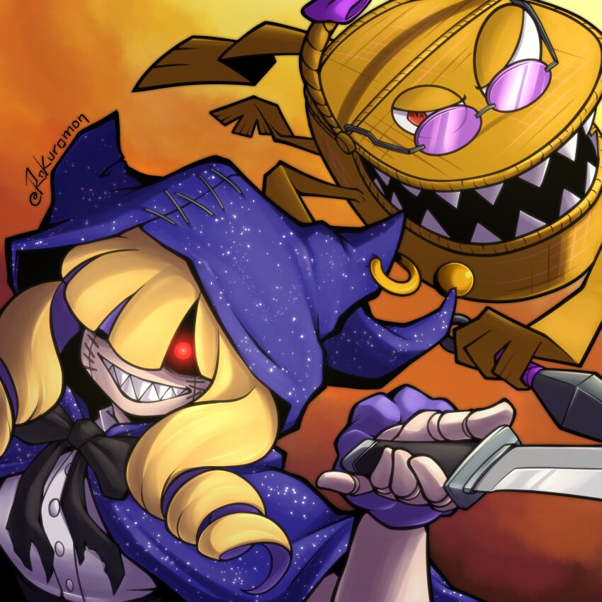 1girl chaperomon digimon digimon_(creature) female_focus glowing glowing_eyes highres oridigi original red_eyes sharp_teeth solo teeth
