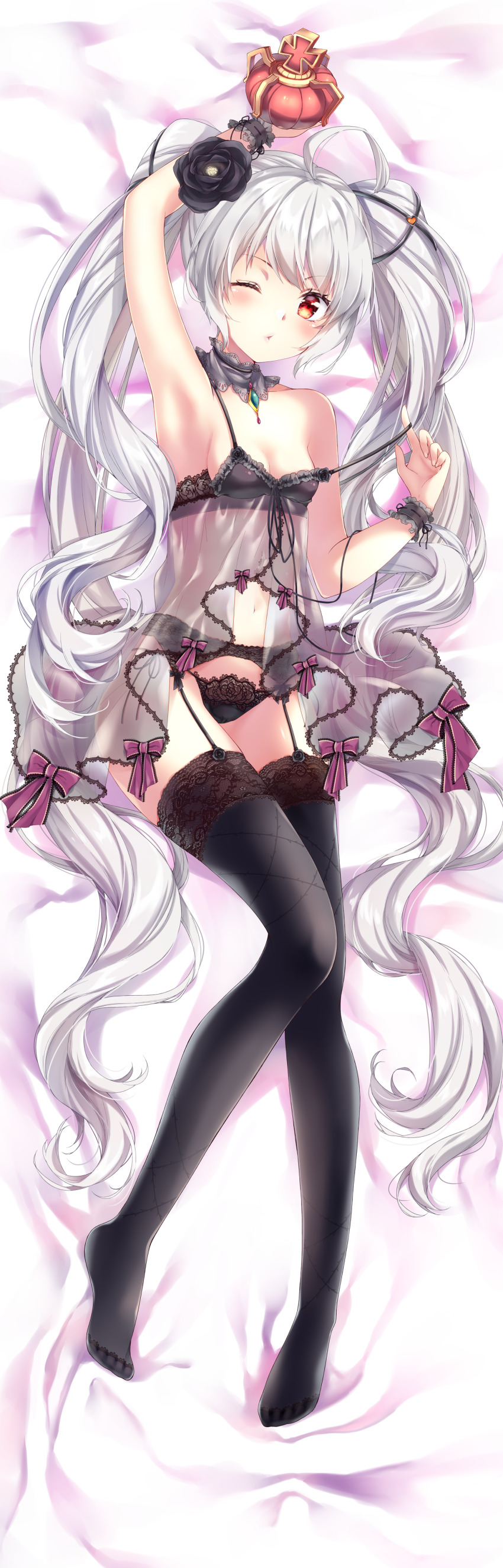 1girl absurdres alternate_costume arm_up armpits azur_lane bed blush breasts cleavage collarbone full_body grey_hair hayaman396 highres lingerie looking_at_viewer one_eye_closed panties small_breasts solo thighhighs twintails underwear valiant_(azur_lane)