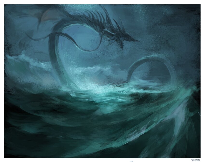 arizdigitalart artist_name blue_theme dark dragon_wings fangs final_fantasy final_fantasy_xiv fins giant giant_monster highres horns leviathan_(final_fantasy) long_tail monster ocean open_mouth painterly scales sea_monster spines tail water waves wings
