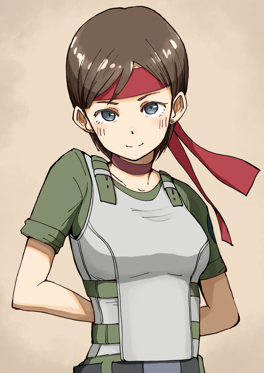1girl absurdres arms_behind_back belt belt_buckle black_belt blue_eyes blush breasts brown_background brown_hair buckle closed_mouth commentary earrings green_pants green_shirt grey_shirt hachimaki haldeco headband highres jewelry light_smile looking_at_viewer medium_breasts pants rebecca_chambers red_headband resident_evil shirt short_hair simple_background smile solo strap stud_earrings swept_bangs two-tone_shirt upturned_eyes very_short_hair