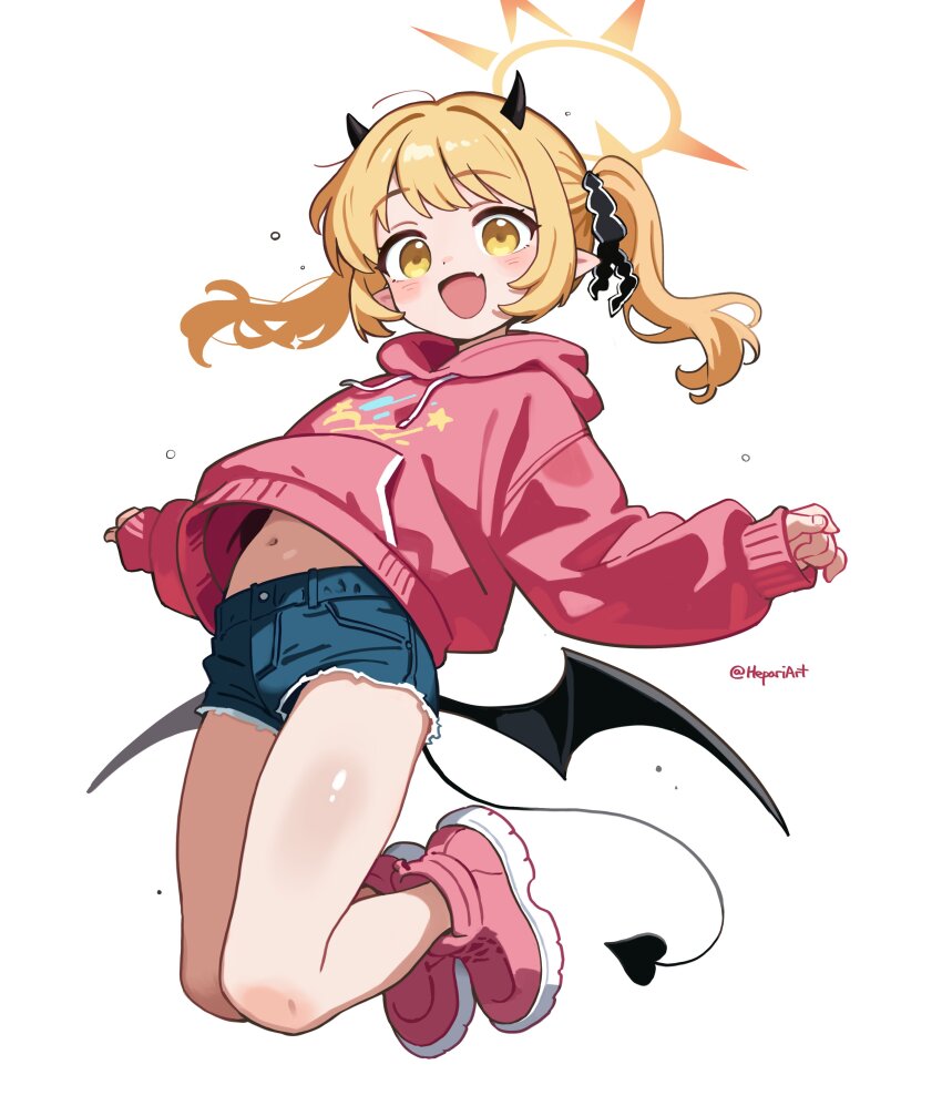 :d absurdres bare_legs black_ribbon blonde_hair blue_archive blue_shorts blush commentary demon_girl demon_horns demon_tail demon_wings denim denim_shorts dot_nose english_commentary fang floating_hair full_body hair_ribbon halo hepari highres hood hood_down hoodie horns ibuki_(blue_archive) jumping long_hair long_sleeves looking_at_viewer navel open_mouth pink_hoodie pink_shoes print_hoodie ribbon shoes short_shorts shorts simple_background skin_fang smile tail twintails twitter_username white_background wings yellow_eyes yellow_halo