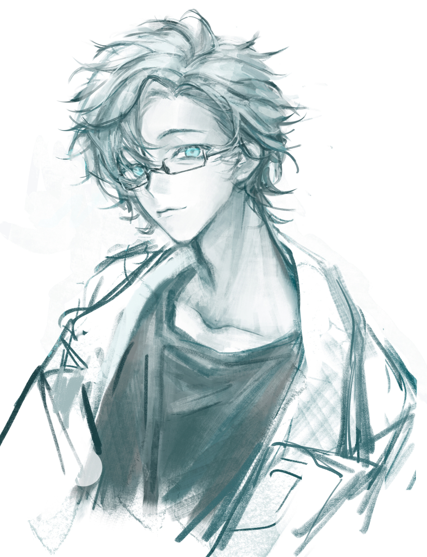 1boy absurdres blue_eyes caocaohuayuan chinese_commentary closed_mouth collarbone commentary_request cropped_torso glasses highres jacket kanou_aogu male_focus monochrome open_clothes open_jacket saibou_shinkyoku semi-rimless_eyewear short_hair simple_background solo spot_color variant_set white_background