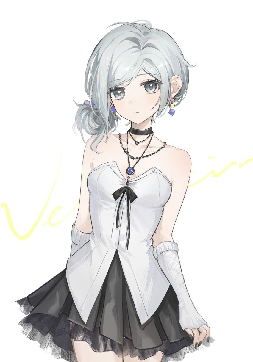 1girl absurdres alternate_costume bare_shoulders black_choker black_nails black_skirt breasts character_name choker closed_mouth cowboy_shot earrings grey_eyes grey_hair hair_bun highres jewelry looking_at_viewer miniskirt necklace reverse:1999 shirt short_hair single_side_bun skirt small_breasts solo strapless strapless_shirt vertin_(reverse:1999) white_arm_warmers white_background white_shirt yukiri_(l_ii)