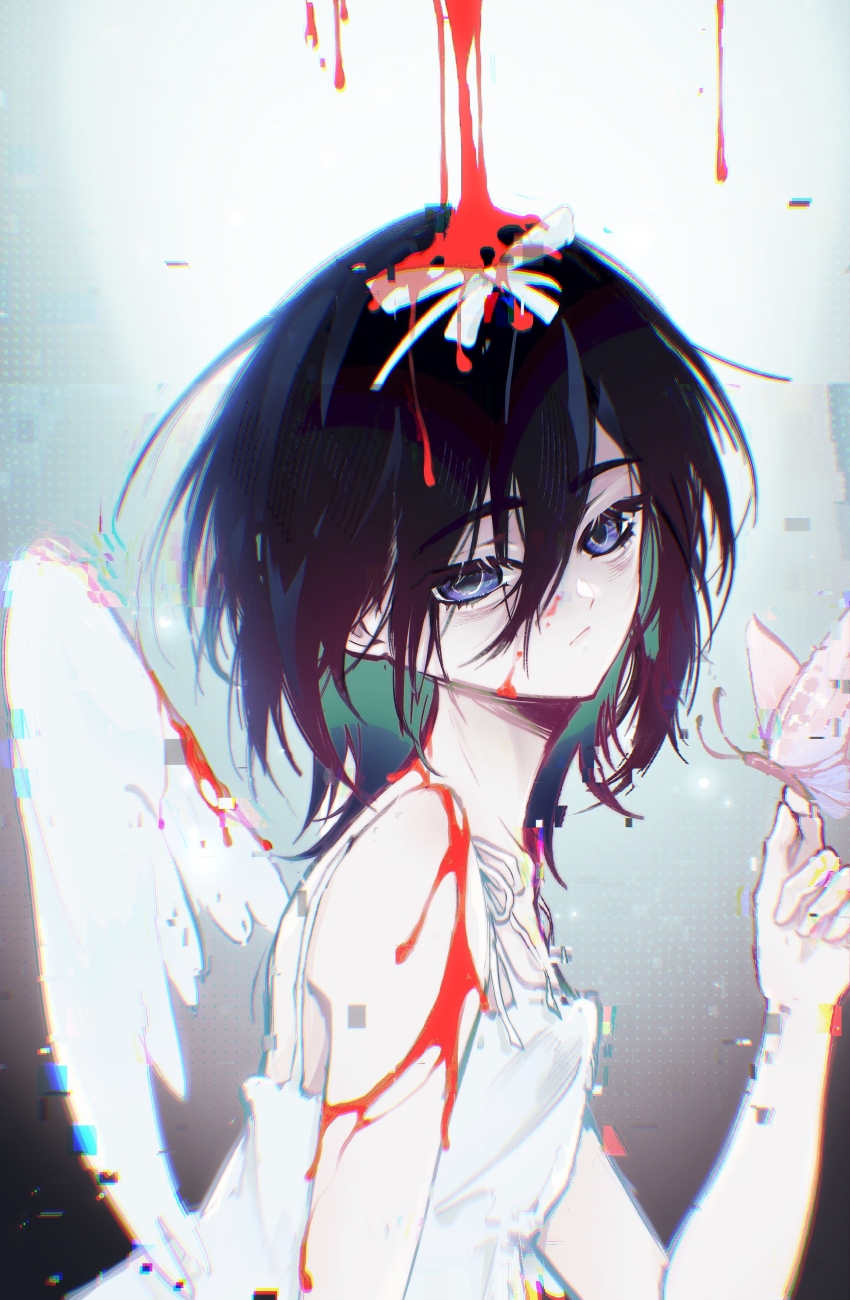 1girl absurdres alien_stage black_hair blood blood_on_shoulder bloody_wings blue_eyes bow bug butterfly butterfly_on_hand closed_mouth commentary dilated_pupils dress from_side guzhiye hair_bow half-closed_eyes highres insect medium_hair procreate_(medium) raining_blood sleeveless sleeveless_dress solo sua_(alien_stage) white_bow white_butterfly white_dress white_wings wings