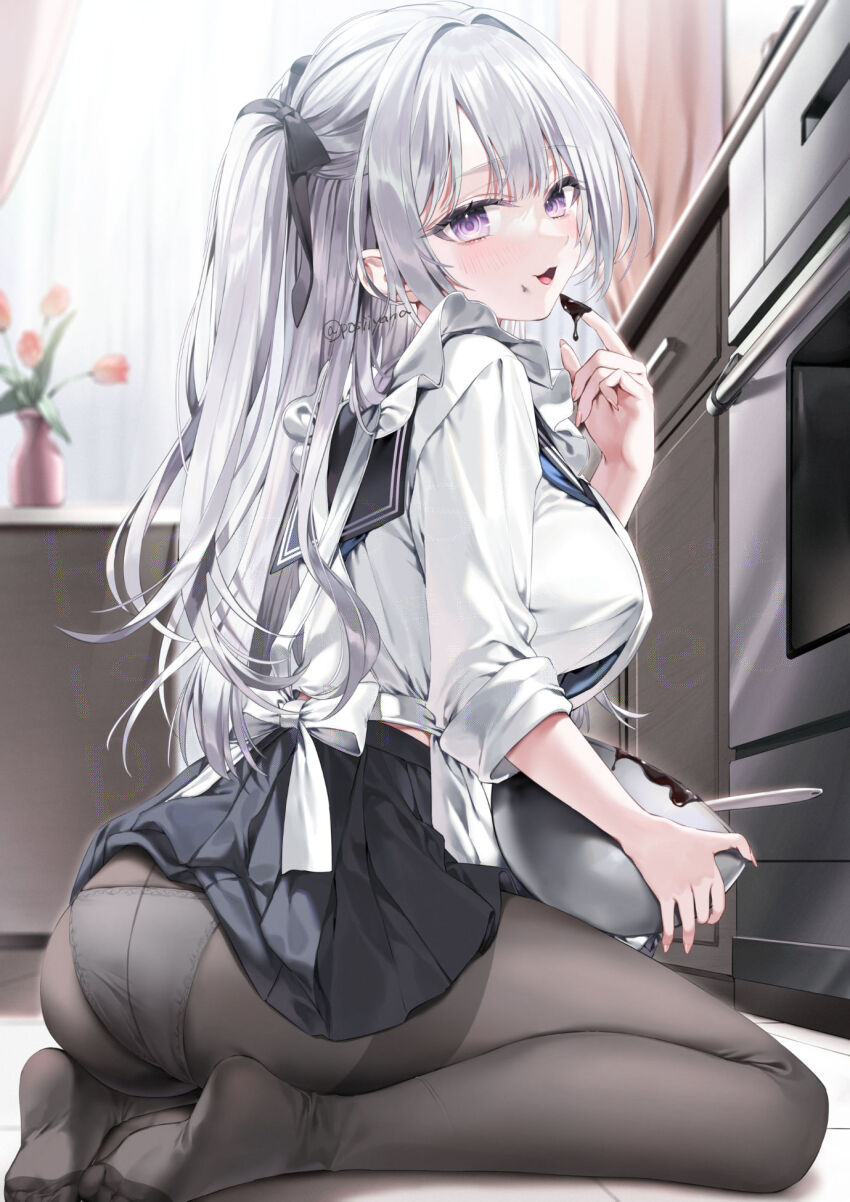 1girl apron black_panties black_pantyhose blue_skirt food food_on_face grey_hair highres indoors kneeling long_hair looking_at_viewer no_shoes open_mouth original panties pantyhose purple_eyes sailor_collar school_uniform shirt skirt smile solo thighband_pantyhose twitter_username underwear white_apron white_shirt yana_mori