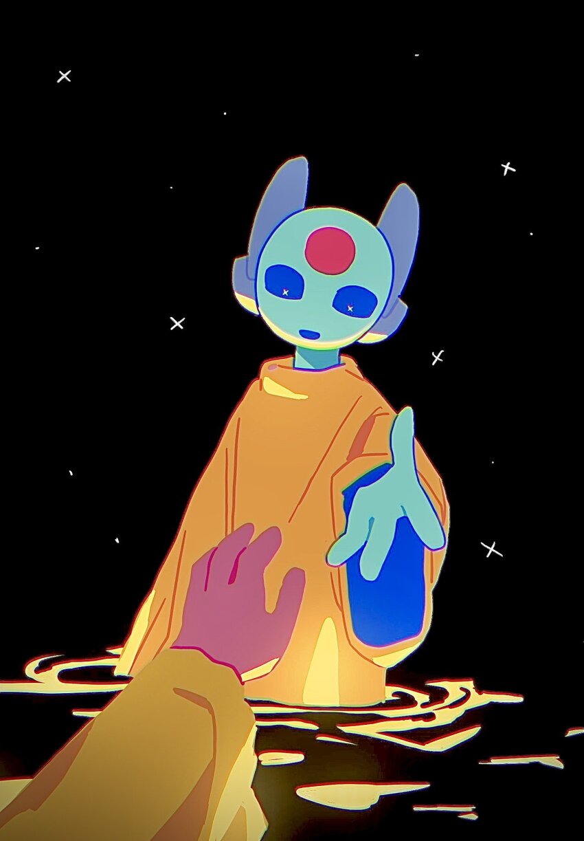 1boy 1girl androgynous black_background blue_eyes blue_skin circle_facial_mark colored_skin facial_mark five_pebbles forehead_mark highres humanoid_robot in_water iterator_(rain_world) looking_at_another looking_at_hand looks_to_the_moon no_nose orange_robe out_of_frame pink_skin rain_world robe robot robot_ears robot_girl simple_background sky star_(sky) starry_sky yellow_robe yonyangrw
