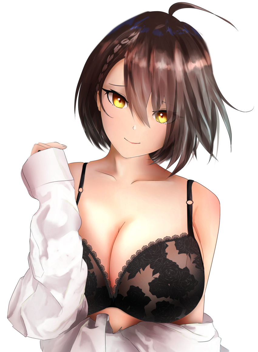 1girl ahoge azur_lane baltimore_(azur_lane) bare_shoulders beefusteku black_bra bra braid breasts brown_hair cleavage collarbone head_tilt highres lace lace_bra large_breasts long_sleeves looking_at_viewer off_shoulder shirt short_hair side_braid sleeves_past_wrists smile underwear white_background white_shirt yellow_eyes