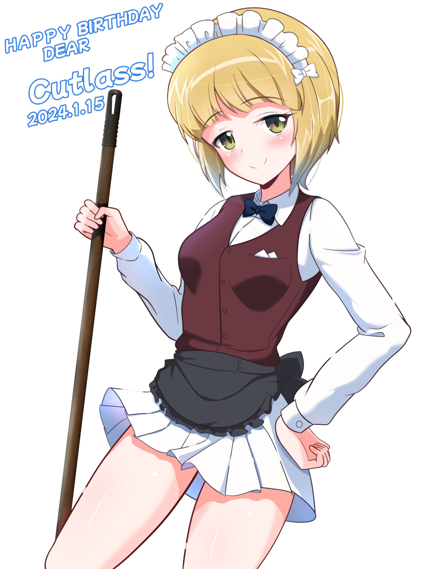 1girl absurdres apron bartender birthday black_apron black_bow black_bowtie blonde_hair blunt_bangs bob_cut bow bowtie broom brown_vest character_name closed_mouth commentary cowboy_shot cutlass_(girls_und_panzer) dated dress_shirt english_text frilled_apron frills girls_und_panzer hand_on_own_hip handkerchief happy_birthday highres holding holding_broom kumaisao light_blush long_sleeves looking_at_viewer maid_headdress miniskirt pleated_skirt shirt short_hair simple_background skirt smile solo standing vest waist_apron white_background white_shirt white_skirt wing_collar yellow_eyes