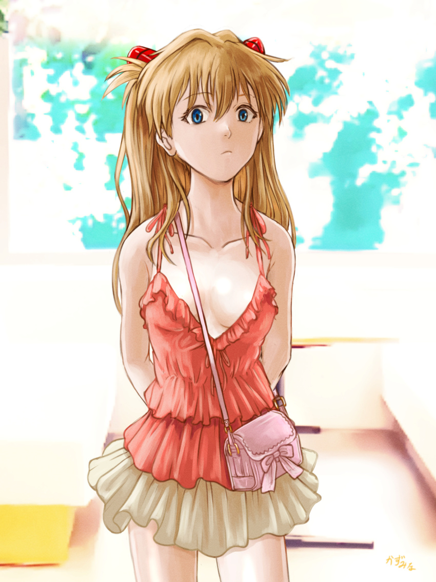 1girl arms_behind_back artist_name bag bare_arms bare_shoulders blue_eyes breasts brown_hair camisole casual closed_mouth collarbone commentary cowboy_shot expressionless frilled_camisole frilled_skirt frills hair_between_eyes handbag highres interface_headset_(evangelion) kazumina light_frown long_hair looking_at_viewer medium_breasts neon_genesis_evangelion paid_reward_available pink_bag plunging_neckline red_camisole signature skirt solo souryuu_asuka_langley spaghetti_strap standing two_side_up v-neck