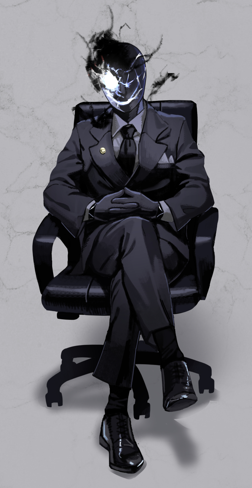 1boy absurdres armchair black_footwear black_gloves black_jacket black_necktie black_pants black_skin black_socks black_suit black_suit_(blue_archive) blue_archive chair colored_skin crossed_legs formal_clothes full_body gloves glowing glowing_eye highres jacket long_sleeves looking_at_viewer male_focus necktie on_chair own_hands_together pants shirt sitting smile smoking socks solo suit white_shirt ysoa26