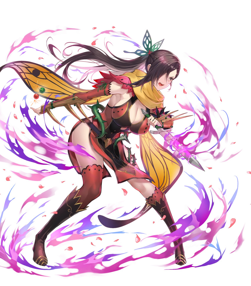 1girl armor asymmetrical_legwear aura belt boots breasts brown_eyes brown_hair cape cleavage dagger dark_aura dress female_focus fire_emblem fire_emblem_fates fire_emblem_heroes full_body hair_ornament hair_over_one_eye highleg highres holding holding_dagger holding_knife holding_weapon kagero_(fire_emblem) kagero_(resplendent)_(fire_emblem) kakage knee_boots knife large_breasts long_hair matching_hair/eyes ninja nintendo official_alternate_costume official_art open_mouth petals reverse_grip shiny_skin short_dress single_thighhigh solo thighhighs thighs thorns transparent_background weapon
