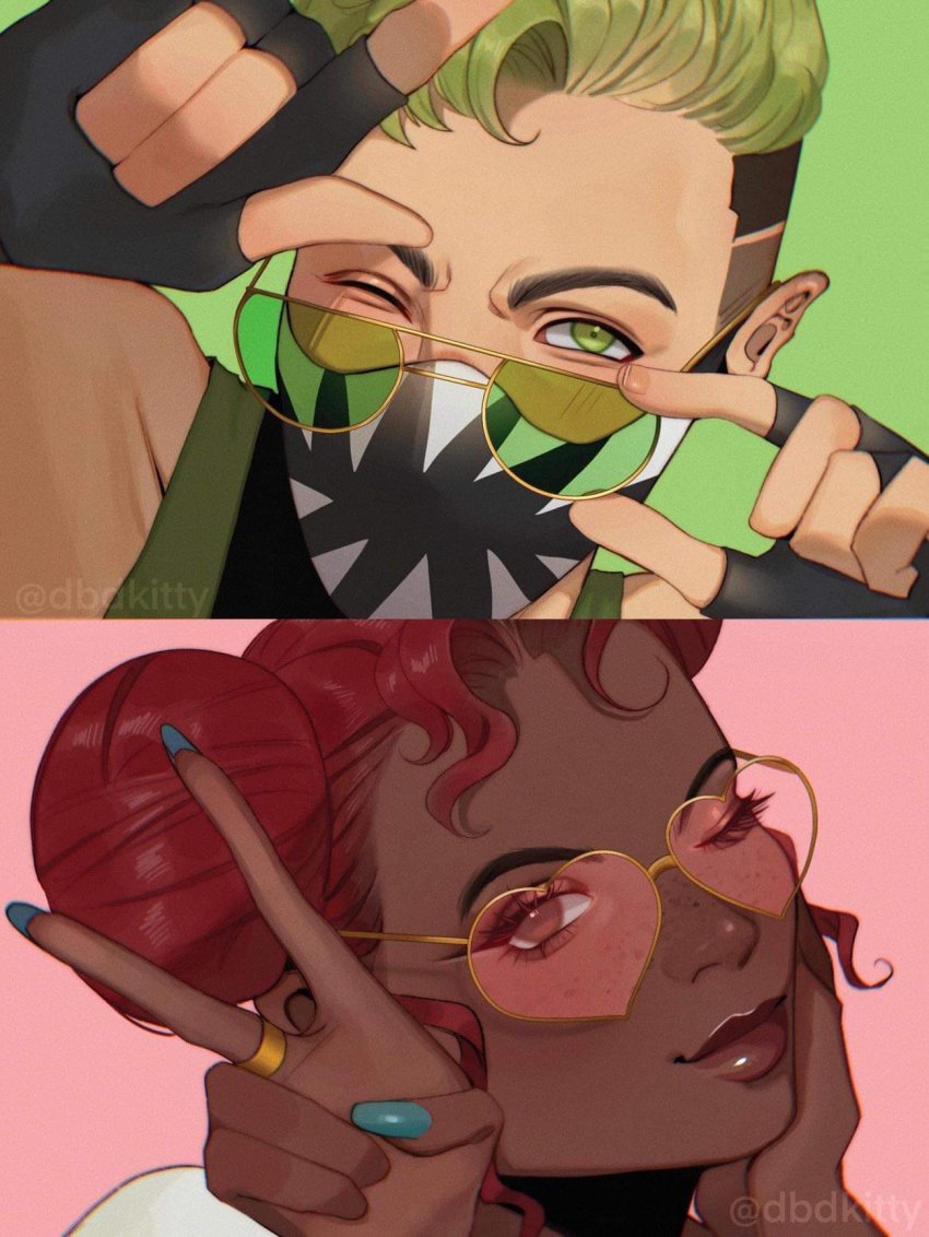 1boy 1girl apex_legends black_gloves braid dark-skinned_female dark_skin fingerless_gloves gloves green_eyes green_hair head_tilt heart heart-shaped_eyewear highres kitty_keihara lifeline_(apex_legends) looking_at_viewer mask mouth_mask octane_(apex_legends) red_hair smile sunglasses twin_braids undercut