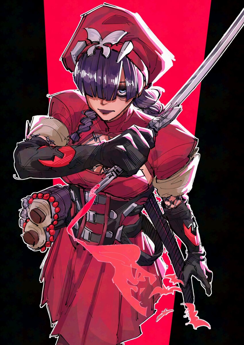 1girl black_gloves black_hair blue_eyes braid breasts bug butterfly dress gloves hair_over_one_eye hat highres insect long_hair looking_at_viewer marvel marvel_rivals official_alternate_costume psylocke psylocke_(blood_kariudo) skirt solo superebiseeeen sword twin_braids weapon x-men