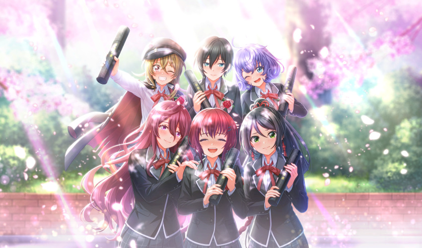 6+girls :d asada_aoi black_hair black_hat black_jacket black_ribbon blonde_hair blue_eyes blurry braid braided_ponytail brown_eyes cherry_blossoms cinderella_series closed_mouth collared_shirt crying depth_of_field diploma falling_petals film_grain gakuran gakuseibou game_cg graduation green_eyes grin hachigatsu_no_cinderella_nine hair_between_eyes hair_ornament hair_ribbon hairclip hat high_ponytail highres holding holding_diploma honjo_chikage iwaki_yoshimi jacket jacket_on_shoulders kurashiki_maiko lens_flare long_hair long_sleeves multiple_girls neck_ribbon non-web_source official_art one_eye_closed open_mouth outdoors petals ponytail purple_eyes purple_hair red_hair red_ribbon ribbon satogahama_school_uniform school_uniform shirt short_hair single_braid smile standing tears teeth tree tsukahara_shizuku tsukumo_kana upper_teeth_only very_long_hair wavy_hair white_shirt winter_uniform
