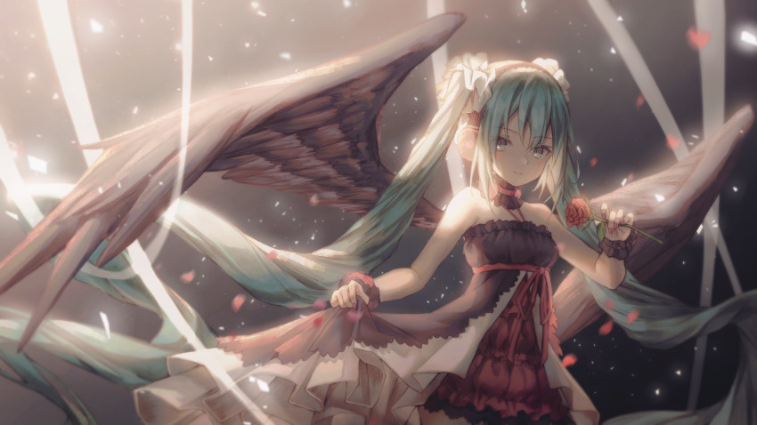 1girl 7th_dragon_(series) 7th_dragon_2020 7th_dragon_2020-ii absurdly_long_hair black_wings closed_mouth cowboy_shot dress feathered_wings floating_hair flower green_eyes green_hair hair_ornament hatsune_miku highres holding holding_flower long_hair looking_at_viewer millet_(milletneko) nail_polish red_flower red_nails red_rose rose short_dress skirt_hold sleeveless sleeveless_dress smile solo standing strapless strapless_dress twintails very_long_hair vocaloid wings wrist_cuffs