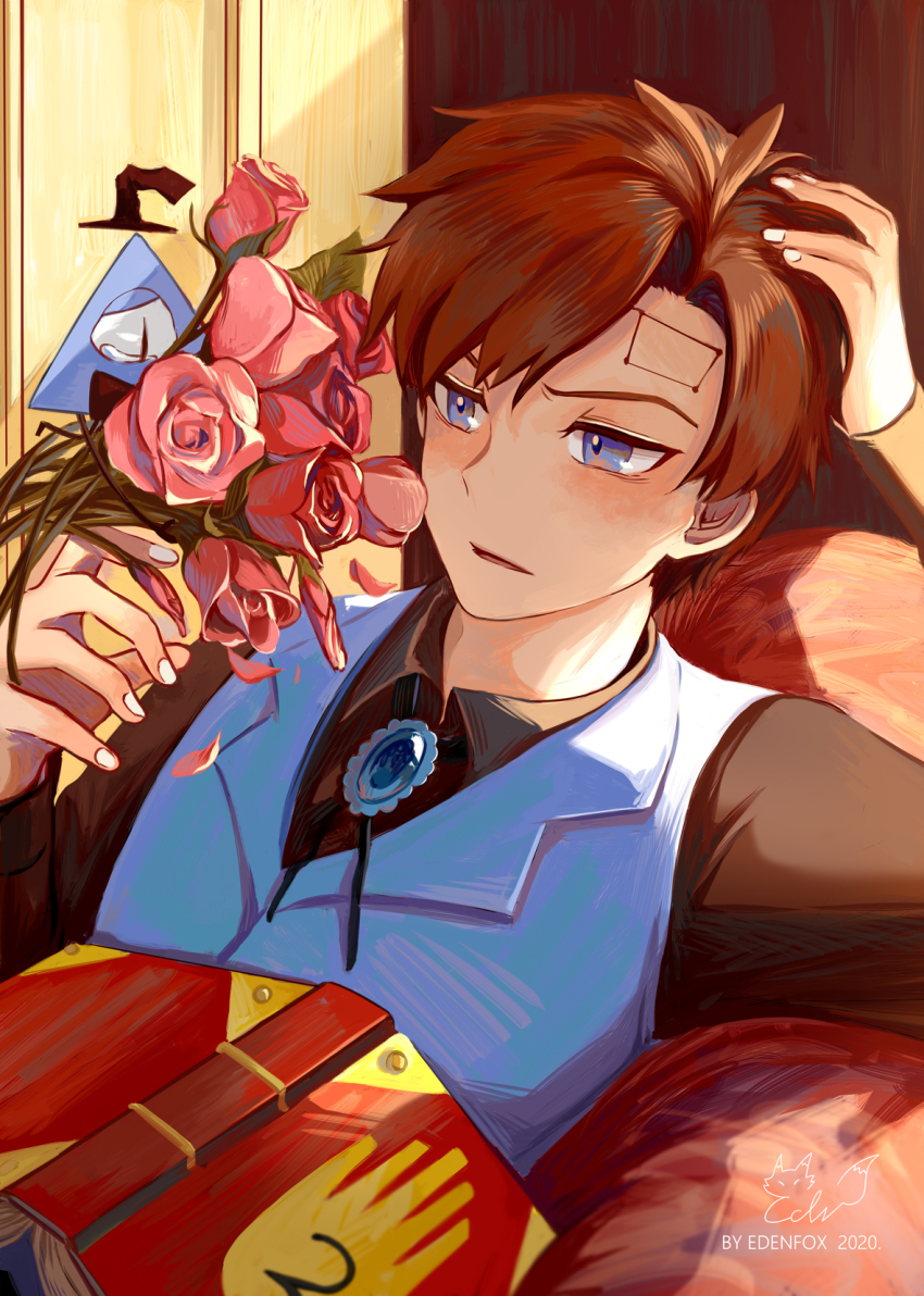 1boy aqua_eyes aqua_vest ascot bill_cipher book brooch brown_hair cape collared_shirt crying dark_persona dipper_gleeful dipper_pines edenfox facial_mark flower forehead_mark formal_clothes gem gravity_falls highres jewelry rose shirt short_hair swept_bangs vest will_cipher