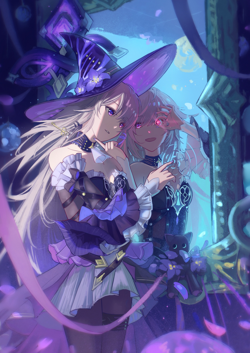 1girl absurdres ascot black_pantyhose breasts cleavage collarbone commentary detached_sleeves different_reflection dress flower hand_on_own_face hat hat_flower herta_(honkai:_star_rail) highres honkai:_star_rail honkai_(series) key keyhole looking_at_mirror looking_at_reflection looking_at_self mirror moririmuli open_mouth pantyhose parted_lips purple_eyes purple_nails reflection ripples small_breasts smile solo strapless strapless_dress stuffed_animal stuffed_cat stuffed_toy symbol-only_commentary the_herta_(honkai:_star_rail) white_ascot witch_hat