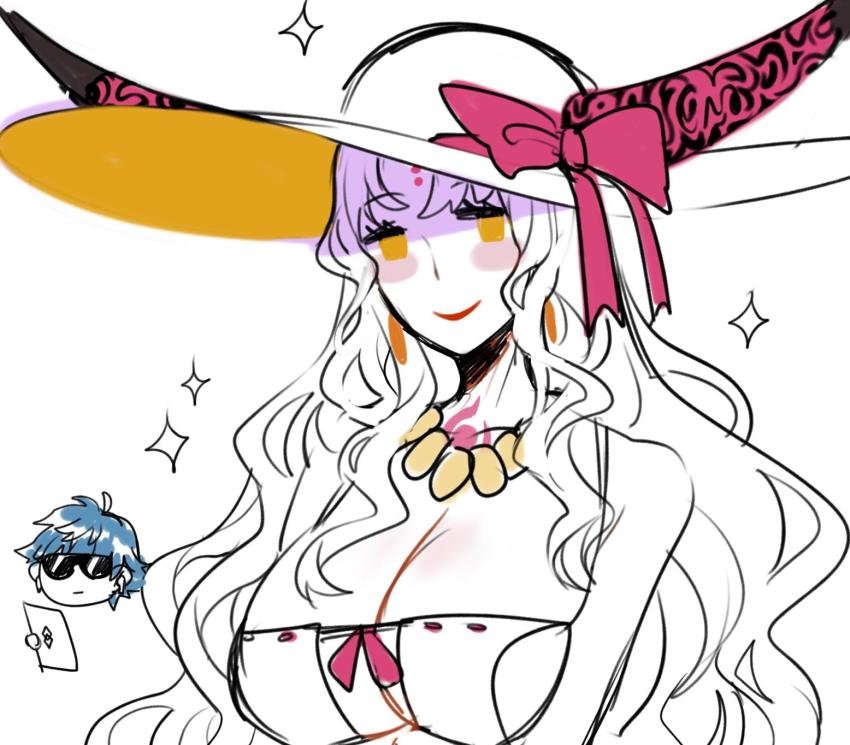 1boy 1girl alternate_costume bikini bikini_top_only black_horns blue_hair blush_stickers breasts cellphone chest_tattoo cleavage cleavage_cutout clothing_cutout demon_horns ennuigrl facial_mark fate/extra fate/extra_ccc fate/grand_order fate_(series) forehead_mark gold habit hans_christian_andersen_(fate) hat hat_ribbon head highres horns huge_breasts jewelry logo necklace partially_colored phone pink_ribbon pink_theme revealing_clothes ribbon sessyoin_kiara sideboob smartphone smile sparkle sunglasses swimsuit tattoo upper_body veil white_headwear yellow_eyes yellow_headwear yellow_theme