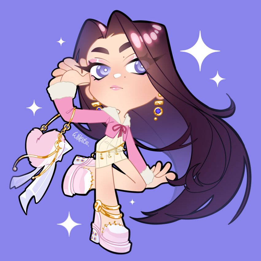 1girl bag bare_legs bright_pupils brown_hair chibi commentary commission crescent dress earrings english_commentary expressionless eyes_visible_through_hair eyeshadow forehead fur-trimmed_jacket fur-trimmed_sleeves fur_bag fur_trim gold_anklet gold_earrings hand_on_own_head handbag heart-shaped_bag high_heels highres jacket jewelry leg_up light_blush light_frown lipstick long_hair long_sleeves makeup mole mole_above_mouth mole_under_eye multiple_moles original pink_bag pink_eyeshadow pink_jacket pink_lips pink_shoes platform_shoes purple_background purple_eyes red_ribbon ribbon shoes short_dress signature simple_background solo sparkle standing striped_clothes striped_dress thick_eyebrows vertical-striped_clothes vertical-striped_dress very_long_hair white_dress white_pupils wikate winx_club