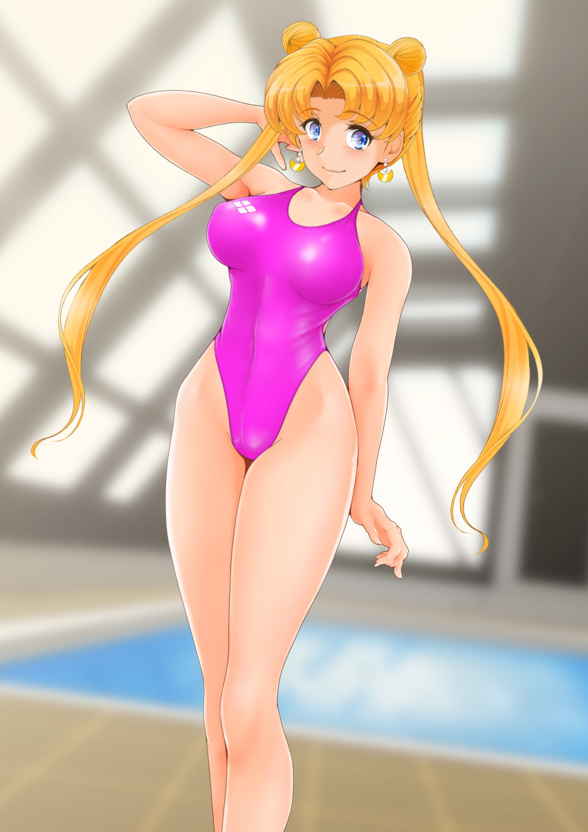 1girl absurdres arena_(company) bishoujo_senshi_sailor_moon blonde_hair blurry blurry_background breasts competition_swimsuit crescent crescent_earrings earrings feet_out_of_frame hair_bun highleg highleg_one-piece_swimsuit highres indoors jewelry large_breasts logo long_hair looking_at_viewer nanashi_noiji one-piece_swimsuit pink_one-piece_swimsuit pool rei_no_pool smile solo standing swimsuit tsukino_usagi twintails