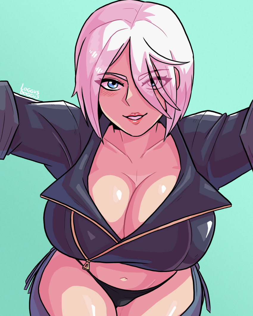 1girl absurdres angel_(kof) bending blue_eyes breasts cleavage hair_over_one_eye highres kneeling large_breasts light_blush lips log_dog looking_at_viewer midriff short_hair smile the_king_of_fighters the_king_of_fighters_xv white_hair
