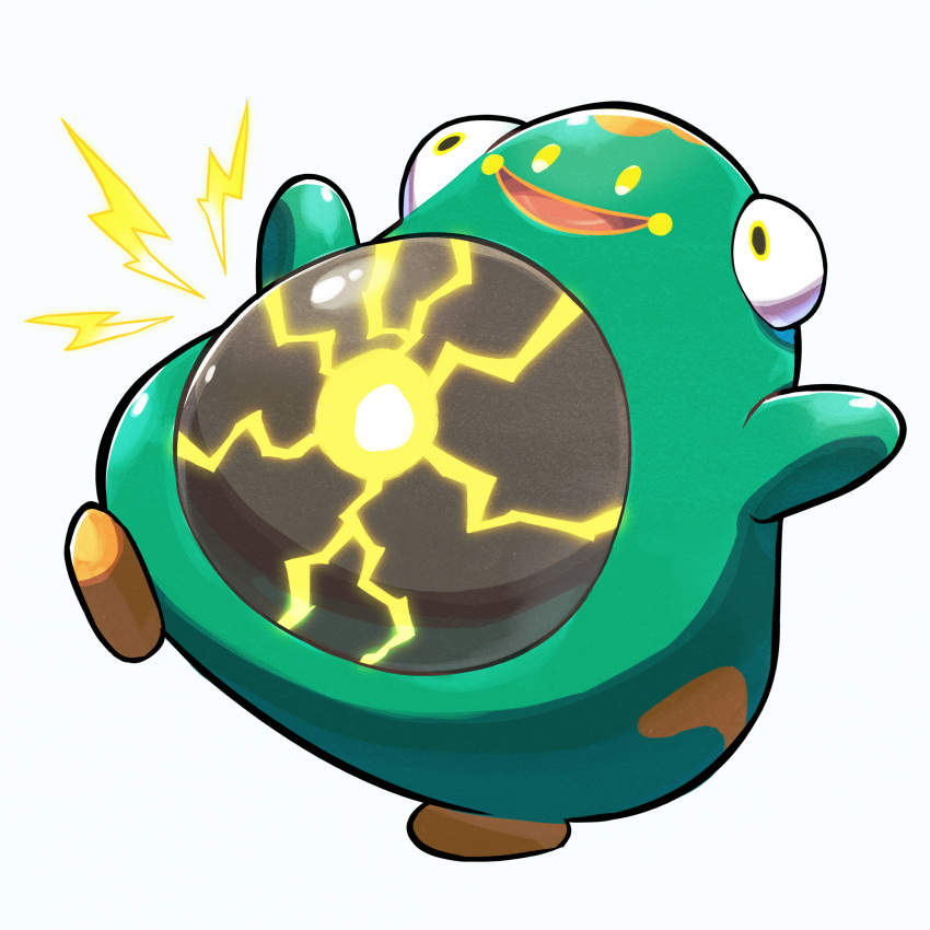 :d absurdres bellibolt commentary_request full_body highres lightning_bolt_symbol nintendo no_humans nori_(hgdm2784) open_mouth pokemon pokemon_(creature) pokemon_focus simple_background smile solo white_background yellow_eyes