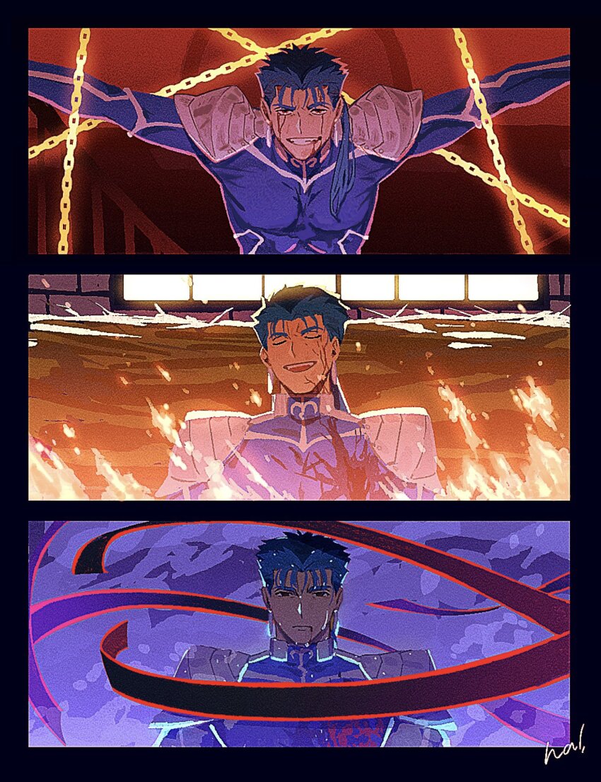 3boys armor black_border blood blood_from_mouth blood_on_clothes blood_on_face blue_bodysuit blue_hair bodysuit border chain chained closed_eyes commentary_request cu_chulainn_(fate) cu_chulainn_(fate/stay_night) earrings fate/stay_night fate/unlimited_blade_works fate_(series) fire grin hal_(haaaalhal) heaven&#039;s_feel highres injury jewelry long_hair long_sleeves looking_at_viewer male_focus multiple_boys muscular muscular_male open_mouth pauldrons ponytail red_eyes shoulder_armor signature smile wet