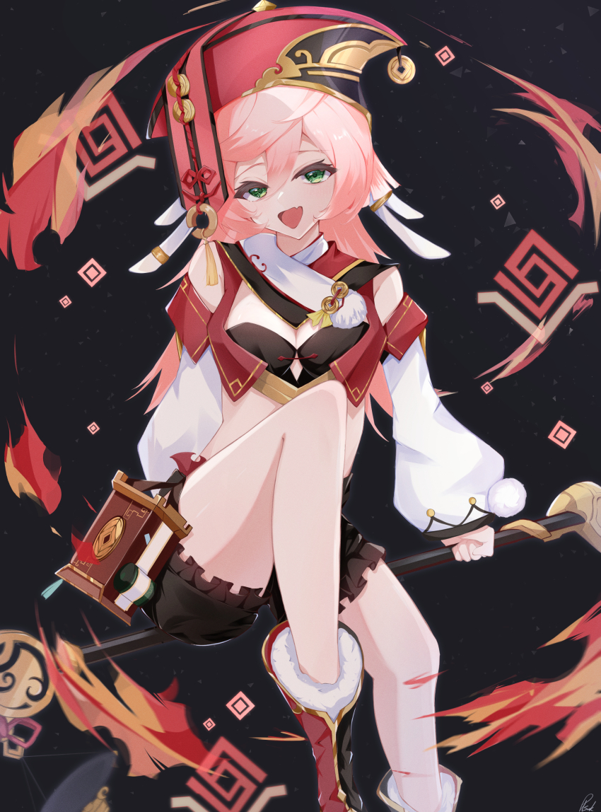1girl absurdres antlers black_background black_bloomers black_bra bloomers boots bra breasts coin_hat_ornament crop_top detached_sleeves fang fire genshin_impact green_eyes hair_between_eyes half-closed_eyes hat_ornament highres holding holding_staff horns knee_up looking_at_viewer multicolored_boots open_mouth pink_hair pisuke_(user_kcmh2774) pyro_symbol_(genshin_impact) red_headwear signature sitting sitting_on_object skin_fang small_breasts smile staff two-tone_boots underwear white_sleeves yanfei_(genshin_impact)