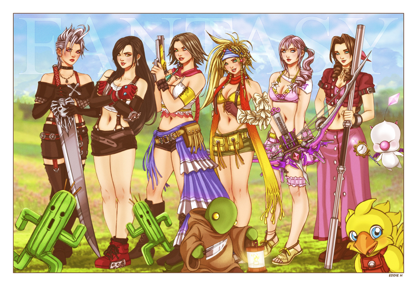 00s 10s 1990s_(style) 6+girls aerith_gainsborough alternate_costume armband bandana bare_shoulders belt bikini bikini_top_only black_footwear black_hair black_skirt blue_sky blush boots bow_(weapon) breasts brown_hair chocobo cleavage cloud cloudy_sky covering_privates covering_breasts crop_top eddie_holly final_fantasy final_fantasy_vii final_fantasy_x final_fantasy_x-2 final_fantasy_xiii final_fantasy_xiii-2 full_body gloves gun hair_up holding holding_weapon jacket lantern lips lipstick long_hair long_skirt looking_at_viewer makeup midriff miniskirt moogle multiple_girls navel outdoors paine ponytail sabotender sandals scarf serah_farron shirt shoes short_hair short_shorts short_sleeves shorts showgirl_skirt side-by-side side_ponytail skirt sky sleeveless sleeveless_shirt sneakers staff standing suspenders swimsuit sword tank_top thigh_strap thighhighs tifa_lockhart tonberry weapon white_hair white_shirt yuna