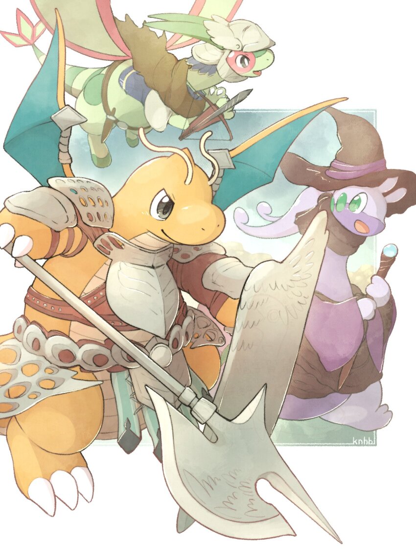 animal_focus armor axe black_hat closed_mouth commentary_request cosplay crossover determined dragon dragon_wings dragonite elden_ring elden_ring_nightreign fang flygon flying gen_1_pokemon gen_3_pokemon gen_6_pokemon goodra green_eyes guardian_(elden_ring) guardian_(elden_ring)_(cosplay) hat helmet highres holding holding_axe holding_staff holding_weapon knhb_tail nintendo no_humans open_mouth pokemon pokemon_(creature) recluse_(elden_ring) recluse_(elden_ring)_(cosplay) smile staff v-shaped_eyebrows weapon winged_helmet wings witch_hat wylder_(elden_ring) wylder_(elden_ring)_(cosplay)