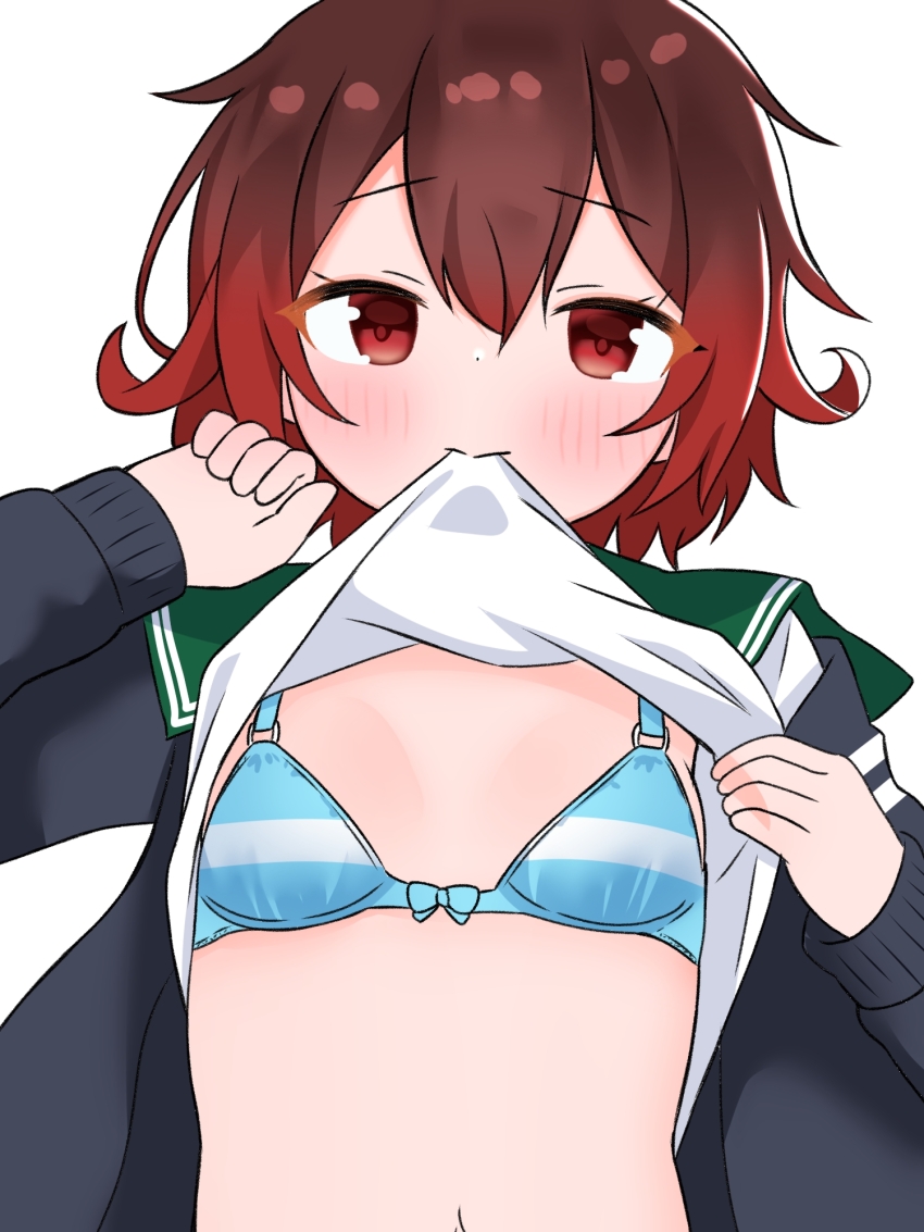 1girl :&gt; black_cardigan blue_bow blue_bra blush bow bow_bra bra breasts cardigan clothes_lift highres kantai_collection loli long_sleeves looking_at_viewer matu_(matu19) mutsuki_(kancolle) navel open_cardigan open_clothes red_eyes red_hair school_uniform serafuku shirt shirt_lift short_hair small_breasts standing striped_bra striped_clothes underwear white_background white_shirt