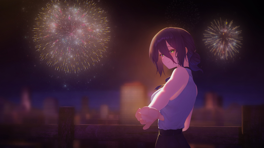 1girl absurdres aerial_fireworks black_ribbon black_shorts blurry blurry_background box_(bagsang59049289) chainsaw_man closed_mouth fence fireworks green_eyes hair_between_eyes hair_bun highres night outdoors outstretched_arm purple_hair purple_shirt reze_(chainsaw_man) ribbon shirt shirt_tucked_in shorts smile solo wooden_fence