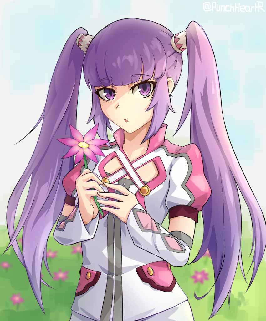 1girl artist_name cowboy_shot cropped_jacket detached_sleeves female_focus flower hair_ornament hair_tubes highres holding holding_flower long_hair looking_at_viewer official_alternate_costume punchheart purple_eyes purple_hair solo sophie_(tales) sophie_(toast_of_the_town)_(tales) tales_of_(series) tales_of_graces twintails