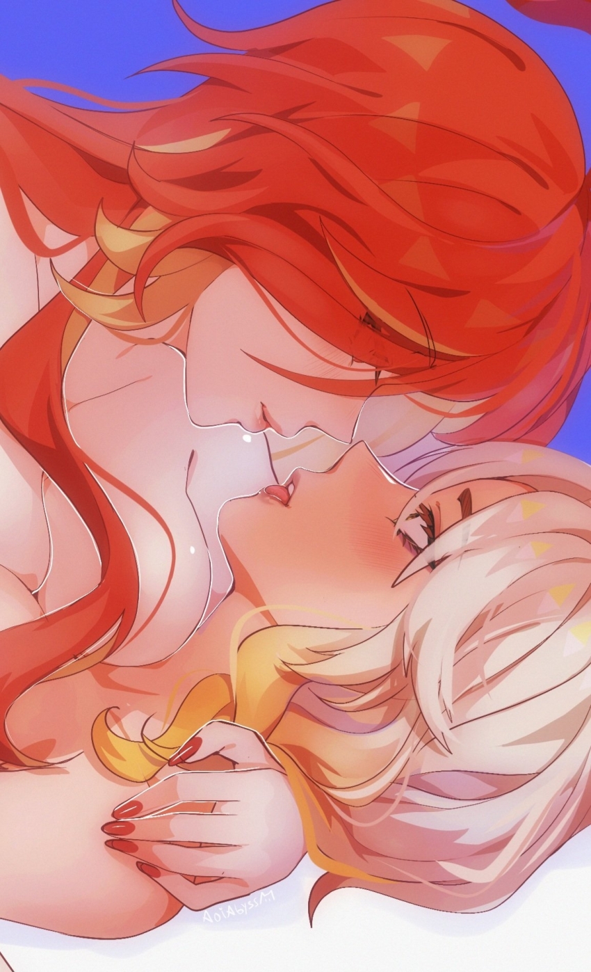 2girls aoiabyss blonde_hair blue_background blush breast_press breasts closed_mouth commentary eye_contact genshin_impact hand_on_another&#039;s_shoulder highres large_breasts long_hair looking_at_another mavuika_(genshin_impact) multiple_girls nude parted_lips red_hair red_nails tongue tongue_out white_background xilonen_(genshin_impact) yuri