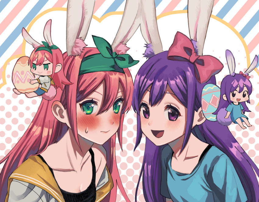 2girls :d animal_ear_fluff animal_ears aubrey_(faraway)_(omori) aubrey_(headspace)_(omori) aubrey_(omori) black_tank_top blue_background blue_shirt blush bow bow_hairband breasts chibi chibi_inset cleavage closed_mouth collarbone commentary_request diagonal-striped_background double-parted_bangs dual_persona easter_egg egg embarrassed fake_animal_ears fake_tail from_above green_eyes green_hairband hair_between_eyes hair_bow hairband halftone halftone_background highres jacket long_hair looking_at_viewer multiple_girls omori open_clothes open_jacket open_mouth pink_bow pink_hair pink_tail portrait purple_eyes purple_hair purple_tail rabbit_ears rabbit_tail red_background sailor_collar shirt short_sleeves shousan_(hno3syo) side-by-side sidelocks simple_background single_bare_shoulder smile straight_hair striped_background sweatdrop tail tank_top tongue white_background white_jacket yellow_sailor_collar
